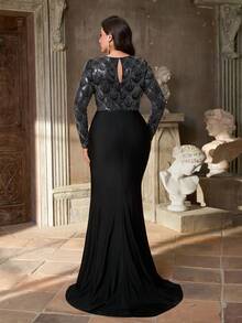 Aureia Vestido elegante y romántico de talla grande con cuello redondo, manga larga transparente, lujoso parche de lentejuelas, cintura fruncida, bajo de cola de sirena con volantes, adecuado para bodas, fiestas, eventos de celebración, vestido de gala (diseño muy adornado) - Negro - Ver 5