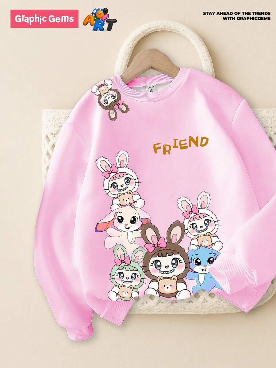 GraphicGems Young Girl' Cute Cartoon Floppy Ear Blue Rabbit Print Sweatshirt, Autumn/Winter - Multicolor - View 1