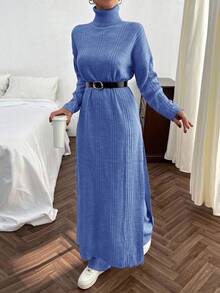 EURMUSE Women Solid Color Rib Knit Turtleneck Slit Detailed Long Sweater Dress & Sweater Pants Set - Dusty Blue - View 6