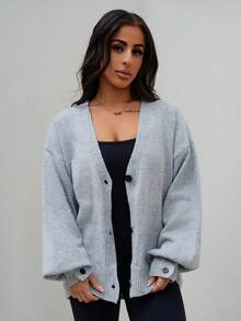 SAYEHFBABY Women's Solid Color Drop Shoulder Long Sleeve Loose Casual Cardigan For Autumn/Winter,Grey Sweater,Women Cardigans,Fleece - Grey - View 4