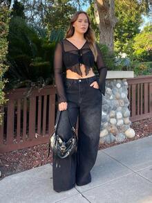Nezia Cruz ICON Plus Size Women's Tie-Front Bow Black Knit Sheer Top, Suitable For Halloween Outfits And Party - Black - View 4