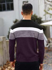 Manfinity Homme 男士休闲日常撞色圆领长袖毛衣，秋冬 - 紫色 - 查看 2