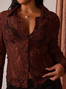 Rustia Plus Size Autumn New Slim Fit Solid Color Cardigan Top - Brown - View 4