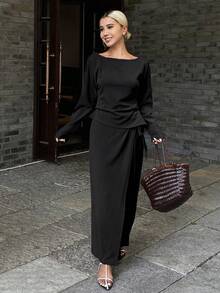 DAZY Bộ 2 chiếc áo dài tay xếp ly màu trơn thanh lịch đơn giản và chân váy viền bất đối xứng dành cho nữ, mùa thu/đông - màu đen - Xem 4