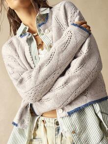 Bohemela Autumn/Winter Women's Casual Everyday Commute Contrast Binding Pointelle Knitted Cardigan, Western Country Style Concert, Suitable For Beach Vacation & Daily Wear & Back To School & Going Out, Christmas, New Year