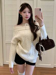 DAZY Women's Autumn/Winter Lace Patchwork Off Shoulder Cable Knit Loose Pullover Sweater, Casual & Elegant Cute Tops - Apricot - View 5