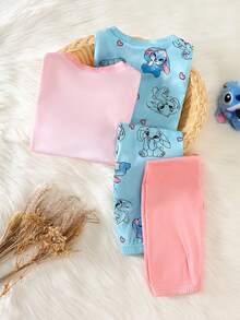 Bộ đồ ngủ 4 món quần legging tay dài cho bé gái, họa tiết thỏ hoạt hình, dễ thương & thường ngày, xuân/thu - Nhiều màu - Xem 6