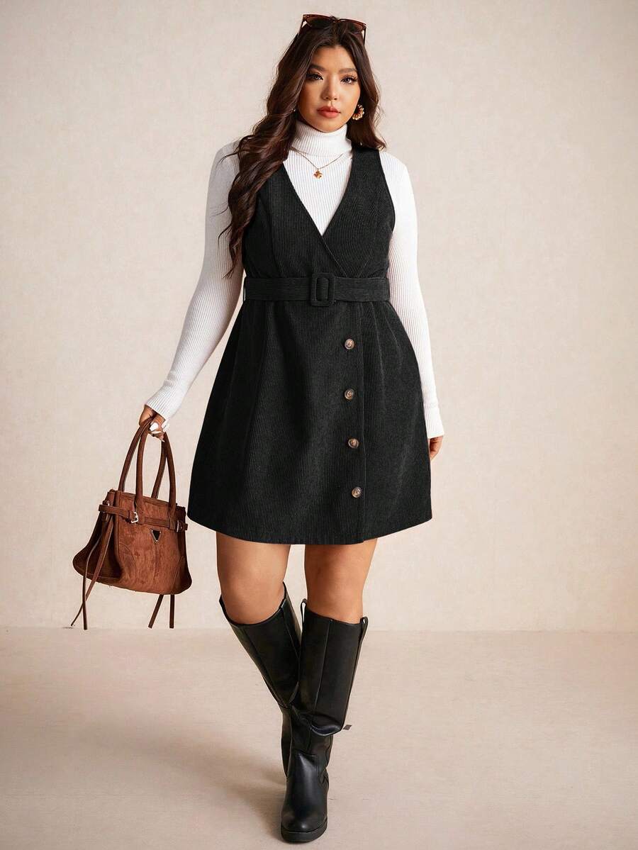 Elaquor Autumn Casual College Style Corduroy Fabric Removable Waistband Pockets Vintage Dress Plus Size Women Overall Brown Fall Dress,Winter Clothes