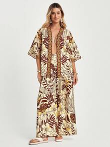 CAJUNI Women's Loose Batwing Sleeve Kimono Robe With Khaki, Yellow, Seashell Elements And Tropical Floral Print, Suitable For Vacation