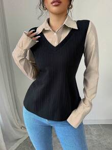 Elenzga Women's Casual Contrast Striped Long Sleeve Regular Top, Autumn - Coffee Brown - View 6