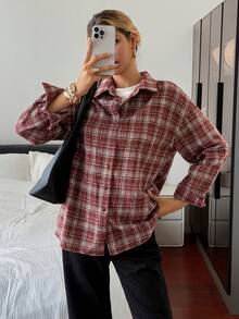 DAZY Damen Karo Loose Hemd mit Umlegekragen, Langarm, Kaffeebraun, Frühling/Sommer/Herbst