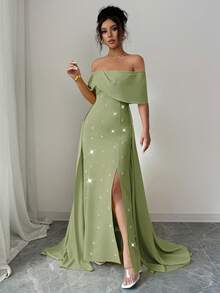 Elenzga 女士优雅奢华亮片缀饰露肩高开衩连衣裙，万圣节、圣诞节、沙特国庆节、新年派对、毕业典礼、婚礼、角色扮演的正式礼服，黄色拉链 - 綠色 - 查看 6