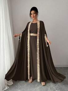 Rafferiza 2pcs Women's Elegant Party Ribbon Decor Jacket And Dress Set - Brown - View 4