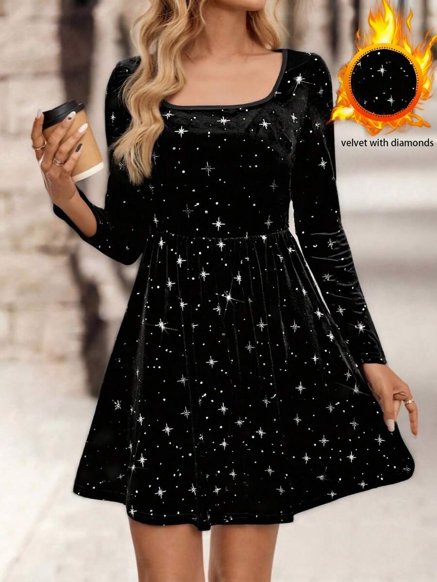 SHEIN LUNE 圆领天鹅绒星星连衣裙/修身/柔软性感/工作+约会/女神连衣裙 - 黑色 - 查看 1