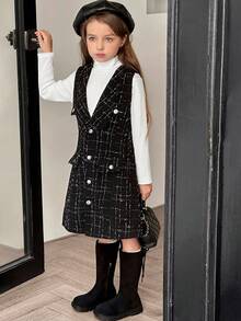 SHEIN Elladie kids 2 件套年轻女孩罗纹立领长袖 T 恤和连衣裙套装，优雅时尚，适合工作，春秋季 - 黑色 - 查看 5