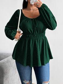 Sunspun Plus Size Drawstring & Elastic Waist Front Button Long Sleeve Shirt Peplum Top