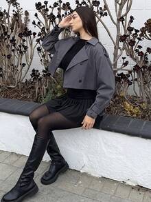 Andrea Bello 秋季新款休闲短款女式风衣女式夹克，秋季女装 - 灰色 - 查看 4