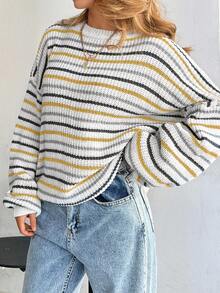 EURMUSE Women Stripe Pattern Round Neck Drop Shoulder Pullover - Multicolor - View 6