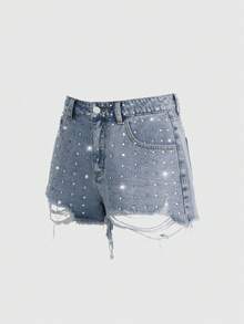 ROMWE Grunge Punk Shorts vaqueros súper cortos con efecto desgastado y adornos de strass para mujer - Azul - Ver 3