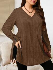 EMERY ROSE Plus Size Solid Color V-Neck Ribbed Casual Long Sleeve T-Shirt - Brown - View 3