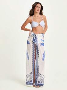 CAJUNI 女式夏季度假蓝色椰子树印花半透明针织面料系腰中长裙 - 彩色 - 查看 3