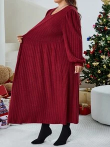 SHEIN CURVE+ 大码女式纯色灯笼红长袖罗纹针织冬装 - 酒紅色 - 查看 4