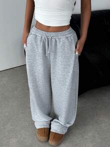 SHEIN Teen Girl Knitted Loose Casual Drawstring Pocket Wide Leg Sweatpants, Light Gray Comfy Pants Grey Sweat Pants Cute Sweat Pants