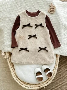 Cozy Pixies Bộ 2 áo len cổ tròn tay dài mềm mại màu trơn kèm váy yếm cho bé gái - Màu Khaki - Xem 5