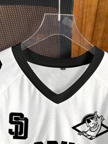 SCOOBY-DOO X SHEIN 女式休闲拼色字母与小狗图案 V 领短袖 T 恤，夏季 - 白色 - 查看 3