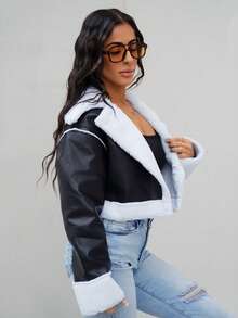 SAYEHFBABY Teddy Lined Crop PU Leather Jacket In Fall/Winter - Black - View 6