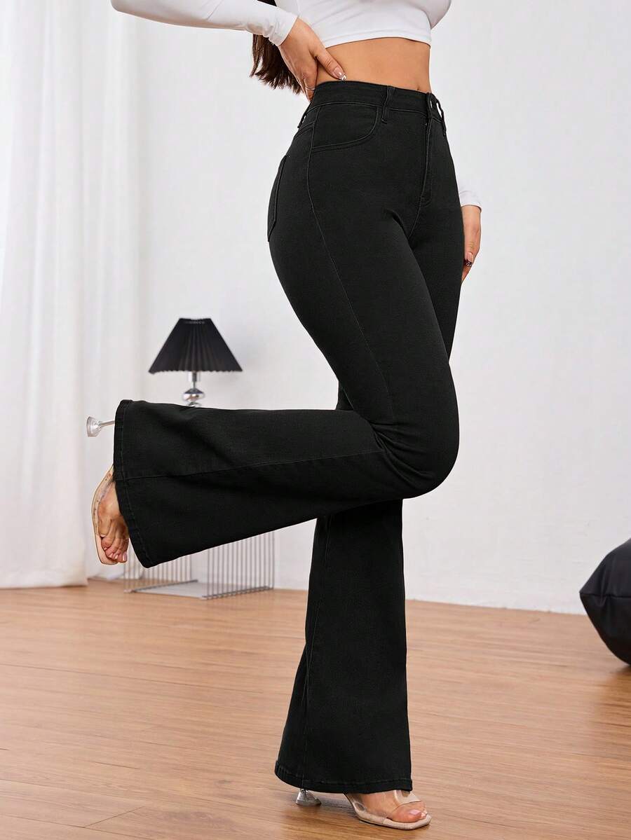 SHEIN Tall 女式纯色高腰喇叭腿优雅时尚牛仔裤 - 黑色 - 查看 1