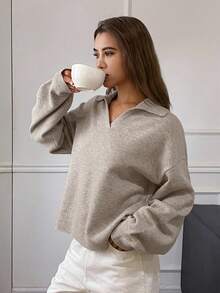 DAZY 女式宽松纯色翻领长袖套头衫休闲街头针织毛衣，秋冬 - 淺灰色 - 查看 3