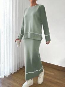 SHEIN Cottnline Women Solid Color Round Neck Drop Shoulder Stripe Pattern Pullover & Sweater Skirt Set - Mint Green - View 5