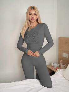 SHEIN Sweetina Bộ áo crop top nơ hồng và quần ống loe - Xám - Xem 7