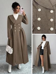 Selianne Elegant & Chic French Style Lapel Long Sleeve Double-Breasted Pearl Button Decor Pleated A-Line Overcoat, Beige - Brown - View 1