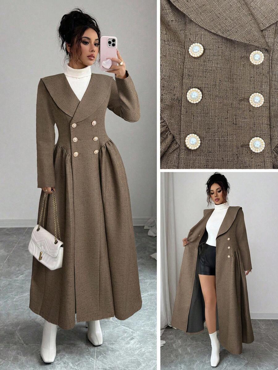 Selianne Elegant & Chic French Style Lapel Long Sleeve Double-Breasted Pearl Button Decor Pleated A-Line Overcoat, Beige - Brown - View 1