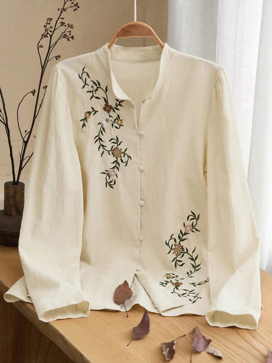 Rusticease Women's Casual Everyday Floral Embroidered Button-Front Shirt, Autumn Winter Clothes For Women  Thanksgiving Outfit For Women