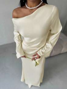 Aloruh Vestido maxi body con de cuello en V, con mangas abullonadas y drapeado, estilo elegante, color rosa, adecuado para el Día de San Valentín