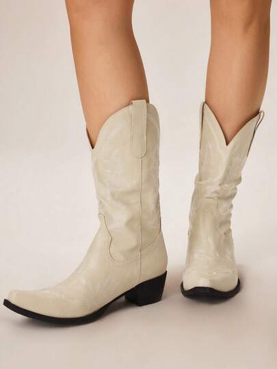 Styleloop Women's Simple Embroidered Chunky Heel Western Boots, Casual Daily Wear For Christmas And New Year Holiday