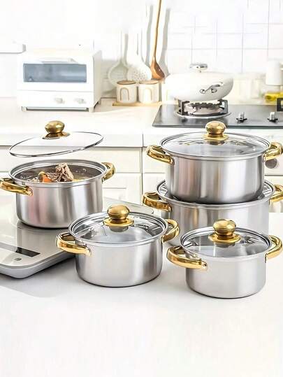 A 10-Piece Stainless Steel Kitchenware Set, Including 16 Cm /18 Cm /20 Cm /22 Cm /24 Cm Stainless Steel POTS, 5 Pot 5 Lid Stainless Steel POTS, Double-Handle Metal Lid Deep Soup POTS, Made Of High-Quality Steel, Available In Multiple Colors, Very Suitable For Home Cooking And Restaurant Use, Suitable For Making Soup, Hot Pot, Noodles And Seafood Cooking