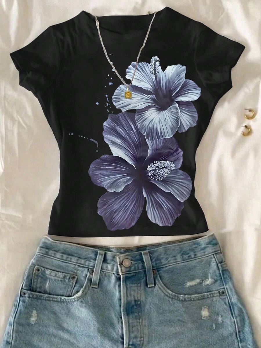 Tween Girl Floral Print Round Neck Short Sleeve T-Shirt, Summer Top - Black - View 1