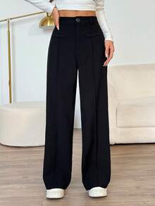 SHEIN PETITE 高腰黑色舒适直筒裤 - 黑色 - 查看 9