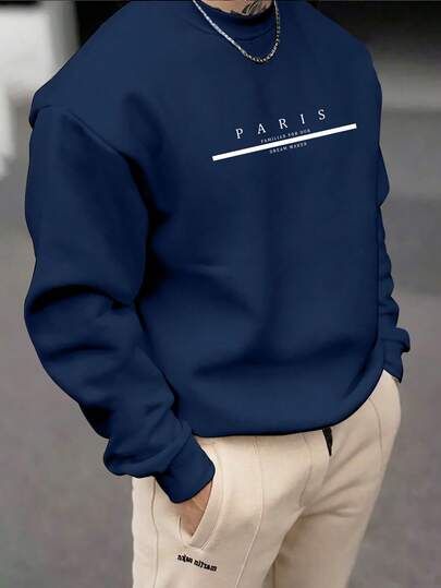 Manfinity Homme Sudadera casual de cuello redondo de manga larga con estampado de letras para hombre, otoño/invierno