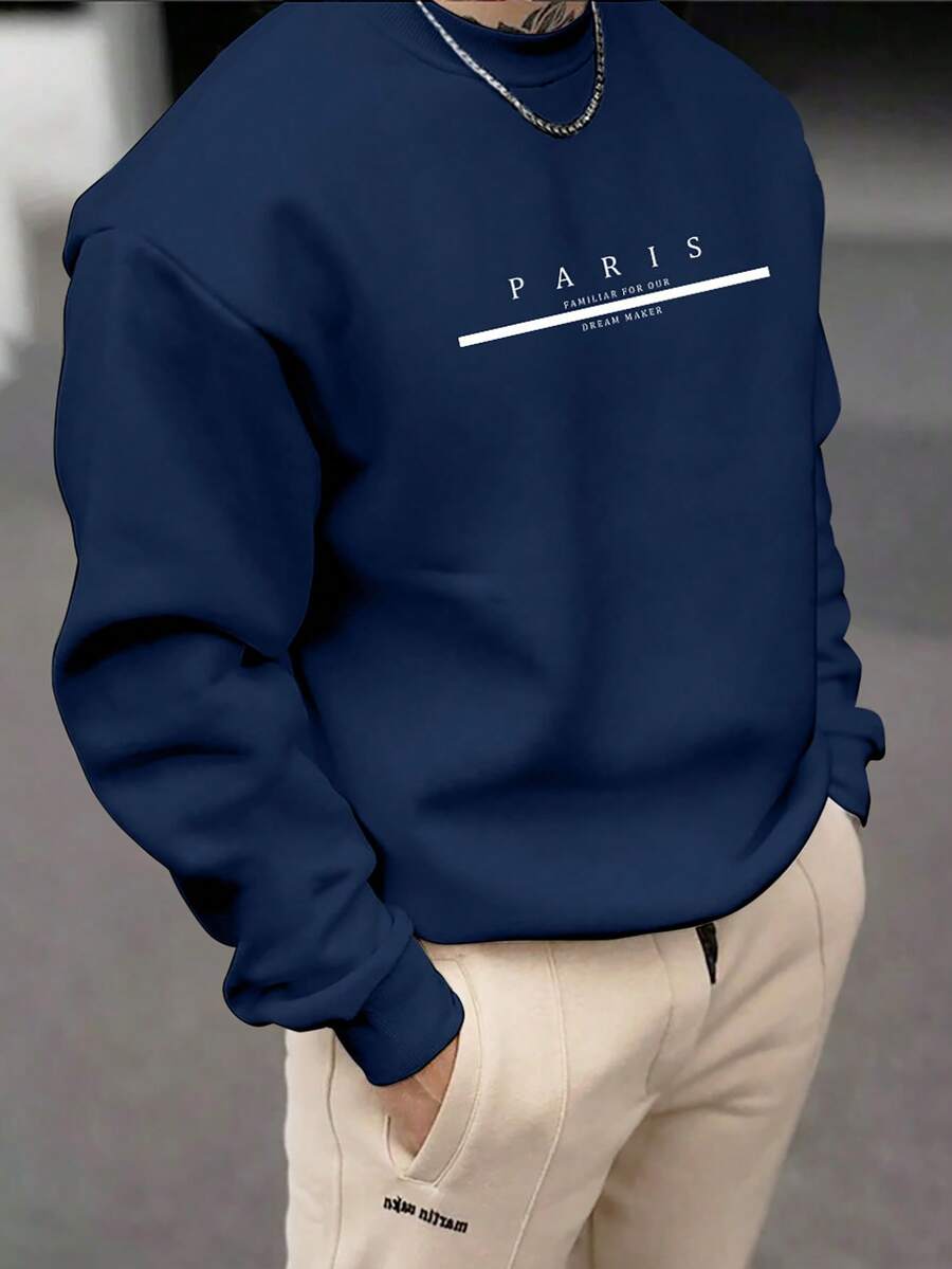 Manfinity Homme 男士字母印花长袖圆领休闲卫衣，秋冬 - 藏蓝色 - 查看 1