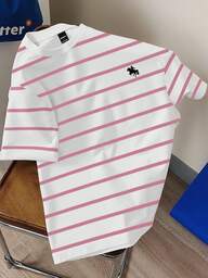 Claim Dot Unisex Classic White & Pink Striped Horse Print Casual T-Shirt, Fashionable Graphic Tee Pink And White Striped Shirt
