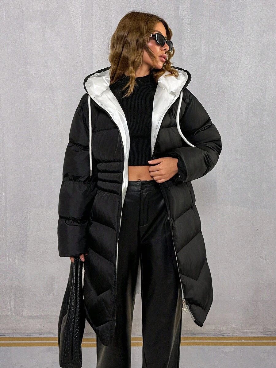 EURMUSE 女士纯色拉链口袋细节撞色衬里长款冬季外套 - 黑色 - 查看 1