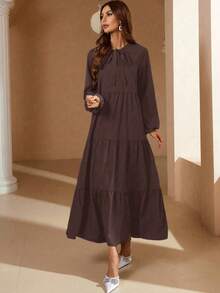 Mulvari Tie Neck Lantern Sleeve Ruffle Hem Dress Maxi Women Outfit - Coffee - View 5