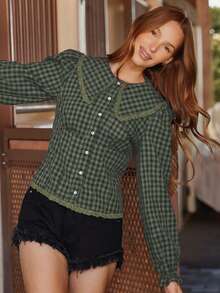 WESTFADE Women Gingham Collar Button Front Fitted Long Sleeve Shirt Cute Fall Country Concert - Olive Green - View 3