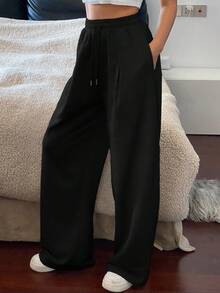 DAZY Women's Solid Color Straight Loose Pocket Drawstring Elastic Waist Sweatpants - Black - View 4