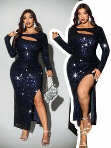 Viva Relle 1 chiếc váy ôm sát tay dài, cổ tròn, xếp ly, xếp nếp, lót kim sa lấp lánh dành cho nữ, xẻ tà bên hông, màu trơn, trang phục đường phố thanh lịch, thích hợp cho mùa đông, đa năng cho các bữa tiệc, lễ Tạ ơn, trà chiều - Xanh đậm - Xem 9